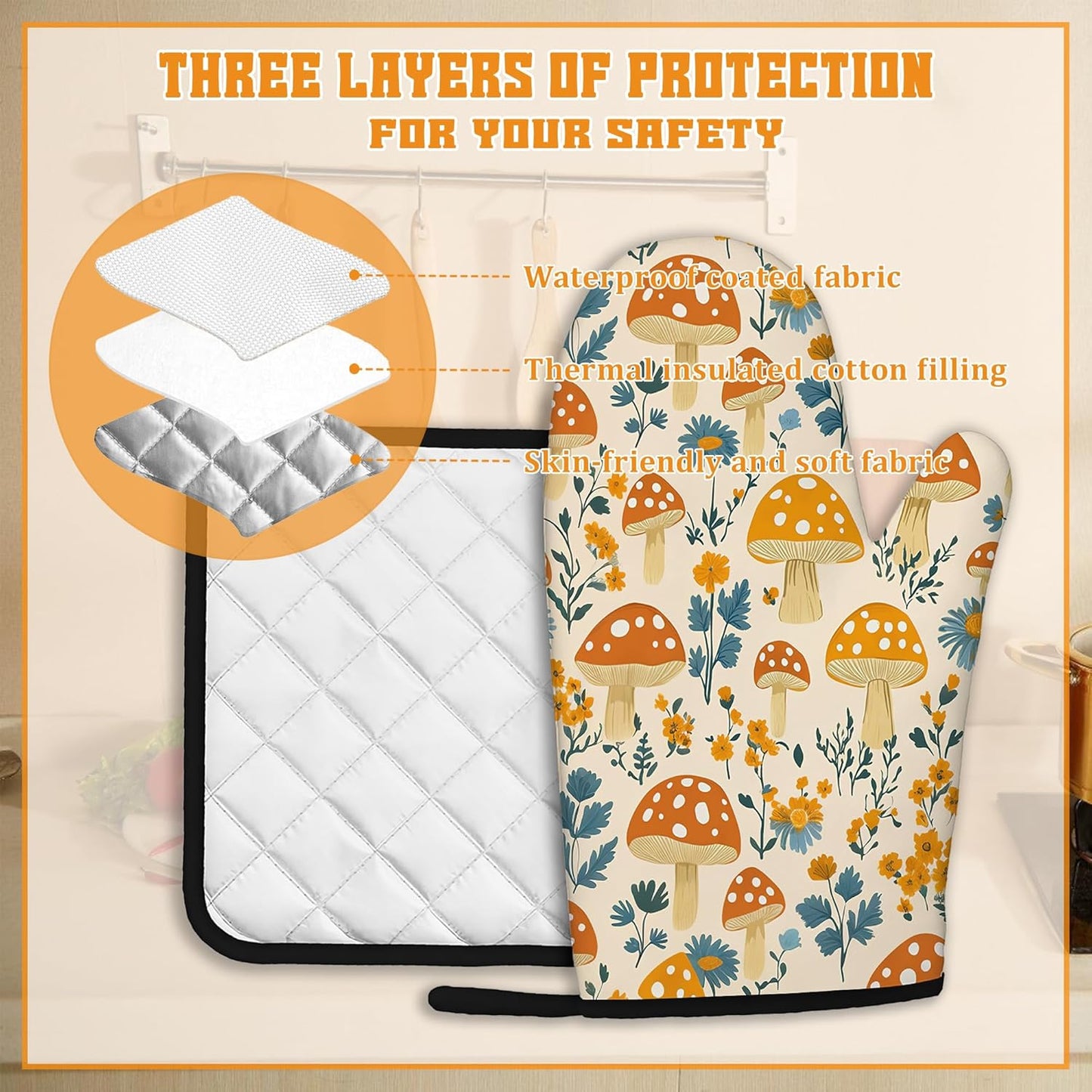 Cute Mushroom Forest Oven Mitts and Pot Holders,Floral Flower Heat Resistant Oven Mitts Gloves and Pot Holder for Home Kitchen Decorations Cooking Baking BBQ Gifts,Set of 4