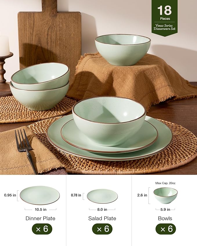 Famiware Venus Plates and Bowls Sets, 18 Pieces Stoneware Dinnerware Sets, Speckled Dishes Set for 6, Microwave and Dishwasher Safe, Matte Light Green