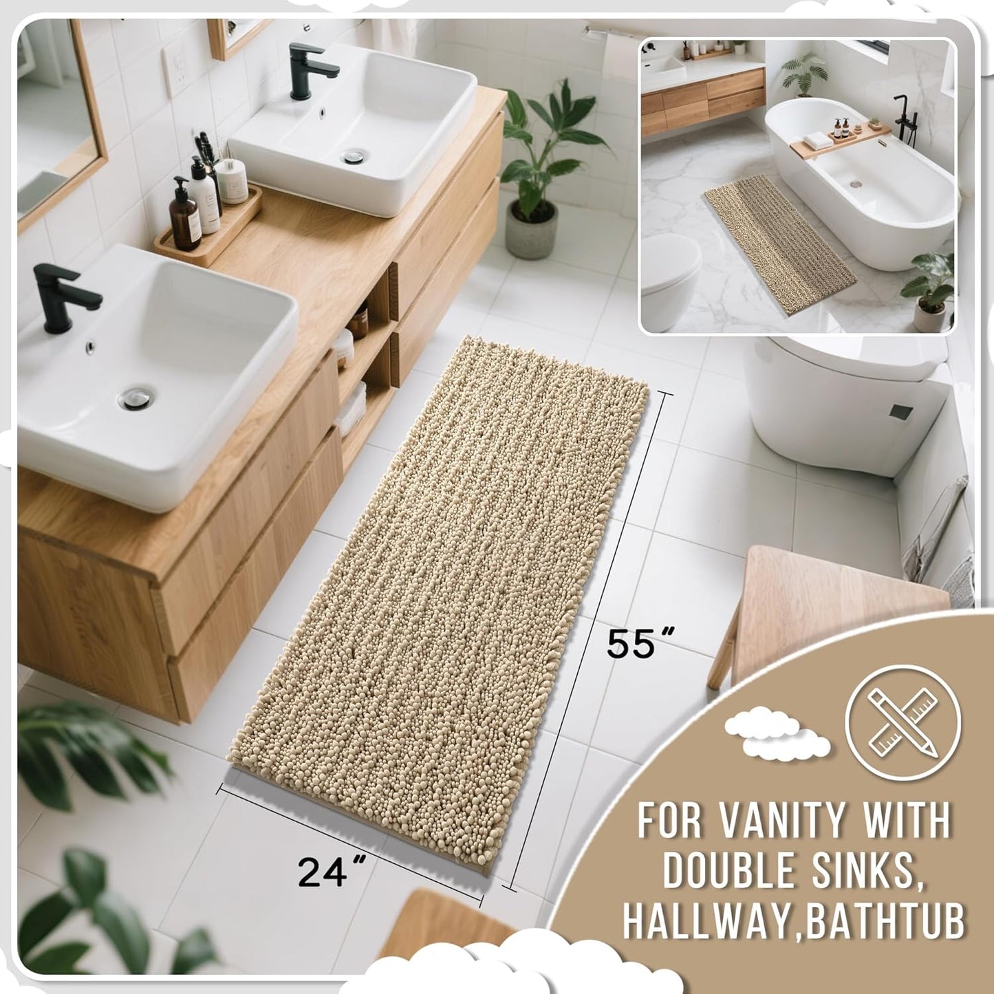 Yimobra Bathroom Runner Rug 55x24 Inch - Extra Long Non Slip Chenille Bath Mat, Soft & Absorbent, Machine Washable Shaggy Hallway Carpet for Vanity Tub Shower, Pale Khaki Home Decor Accessories