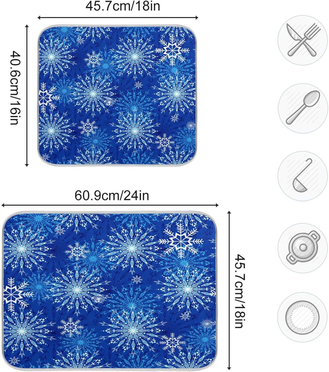 Blue Christmas Snowflakes Dish Drying Mat for Kitchen Counter Absorbent Microfiber Drying Pad, Large 18x24 in, Reversible Drainer Mats