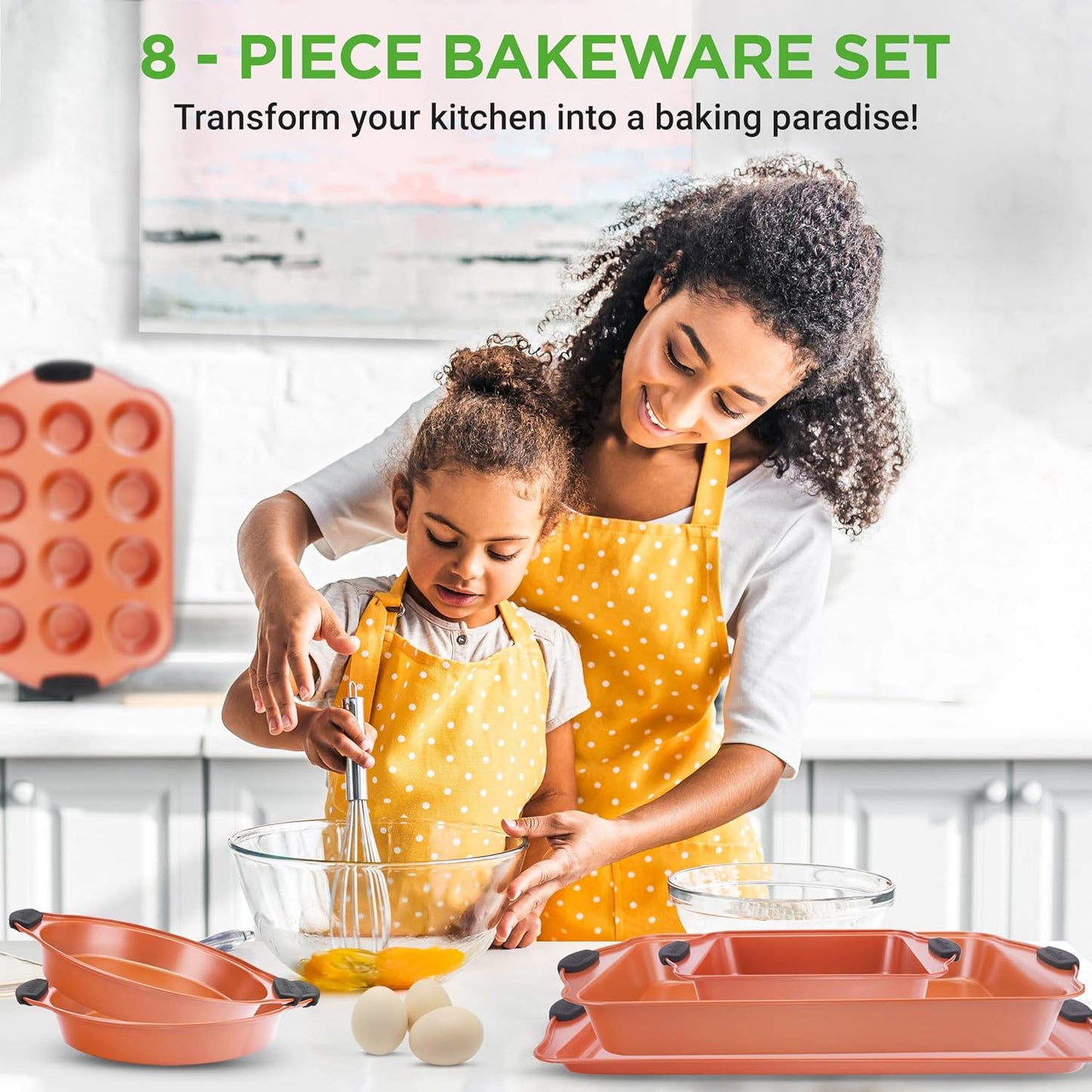 NutriChef 8-Piece Baking Pans Set - Nonstick Bakeware Set w/Silicone Handles, Includes 12 Cup Muffin, Round Cake, Pizza, Loaf & Square Pan, & Cookie Sheet - Dishwasher Safe & Easy Cleanup - Copper