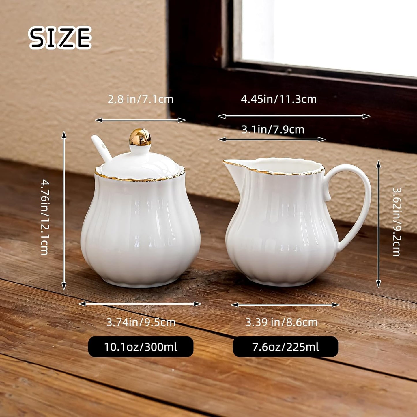 Ceramic Sugar and Creamer Set, 3 Piece with Cream Pitcher, Sugar Bowl with Lid and Spoon,Coffee and Tea Serving Set (White with gold line)