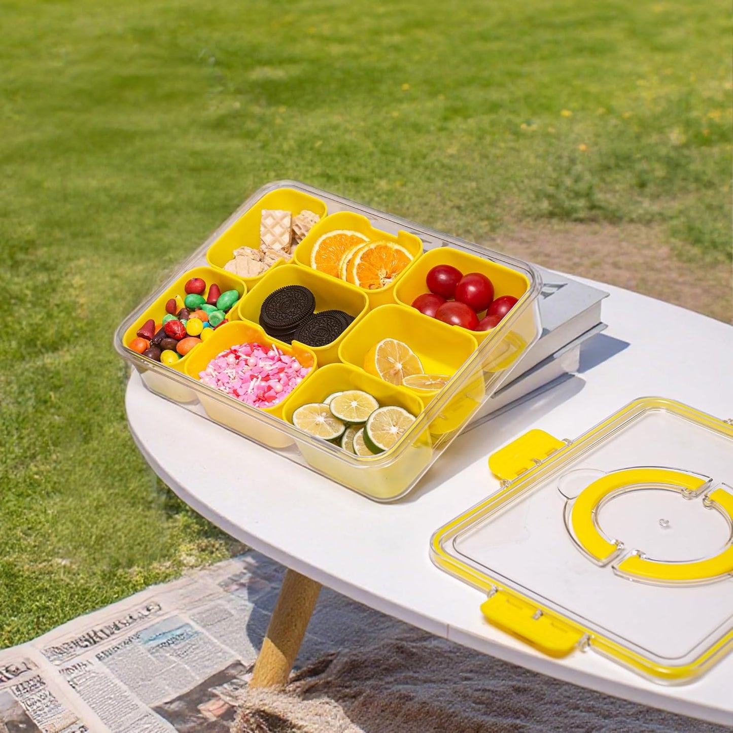 Divided Serving Tray with Lid and Handle - Snackle Box Charcuterie Container for Portable Snack Platters Organizer for Candy, Fruits, Nuts, Snacks - Perfect for Party, Entertaining, Yellow