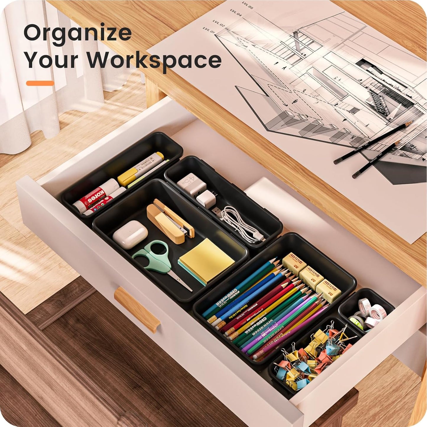 A-LuGei 【28PCS】 Drawer Organizer, Bathroom Organizers and Storage, Makeup organizer, Desk drawer organizer, Storage Bins for Kitchen Office Bedroom Vanity Jewelry Pantry Garage【Black】【4Size】