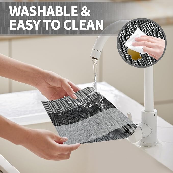 Grey with White Striped Placemats Set of 6-Durable PVC Vinyl Woven Place Mats for Dining Table Heat Resistant Non-Slip Washable Indoor/Outdoor Table Mats 12x17 inch