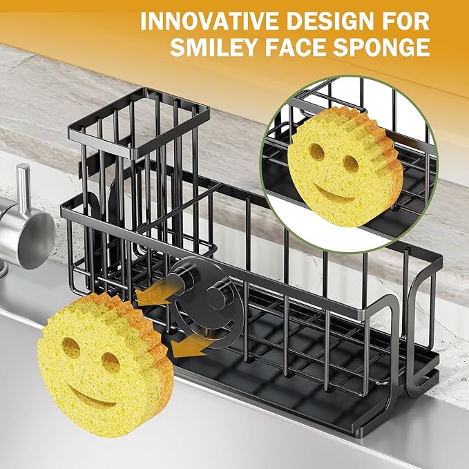 Epicano Sink Caddy Sponge Holder, Smiley Face Sponge Rack with High Brush Holder,Rustproof Kitchen Countertop Organizer,Kitchen Gadgets Sink Accessories, 9.8" x 6.3" x 4.1", Black
