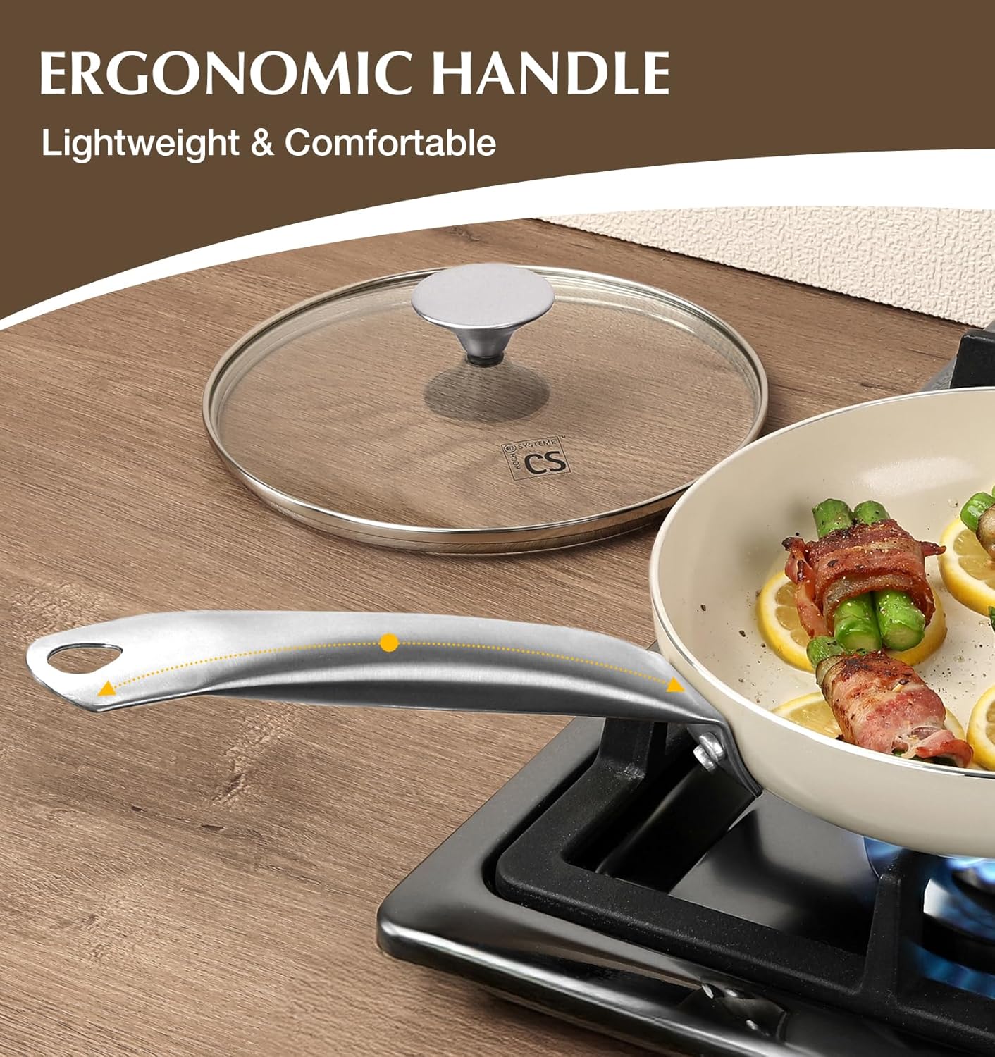 KOCH SYSTEME CS Nonstick Frying Pan with Lid, 10 Inch Non-Stick Skillet with Stay-Cool Stainless Steel Handle, Omelet Pan with Nonstick Ceramic Coating, PFOA Free, Induction & Oven Safe, Cream White