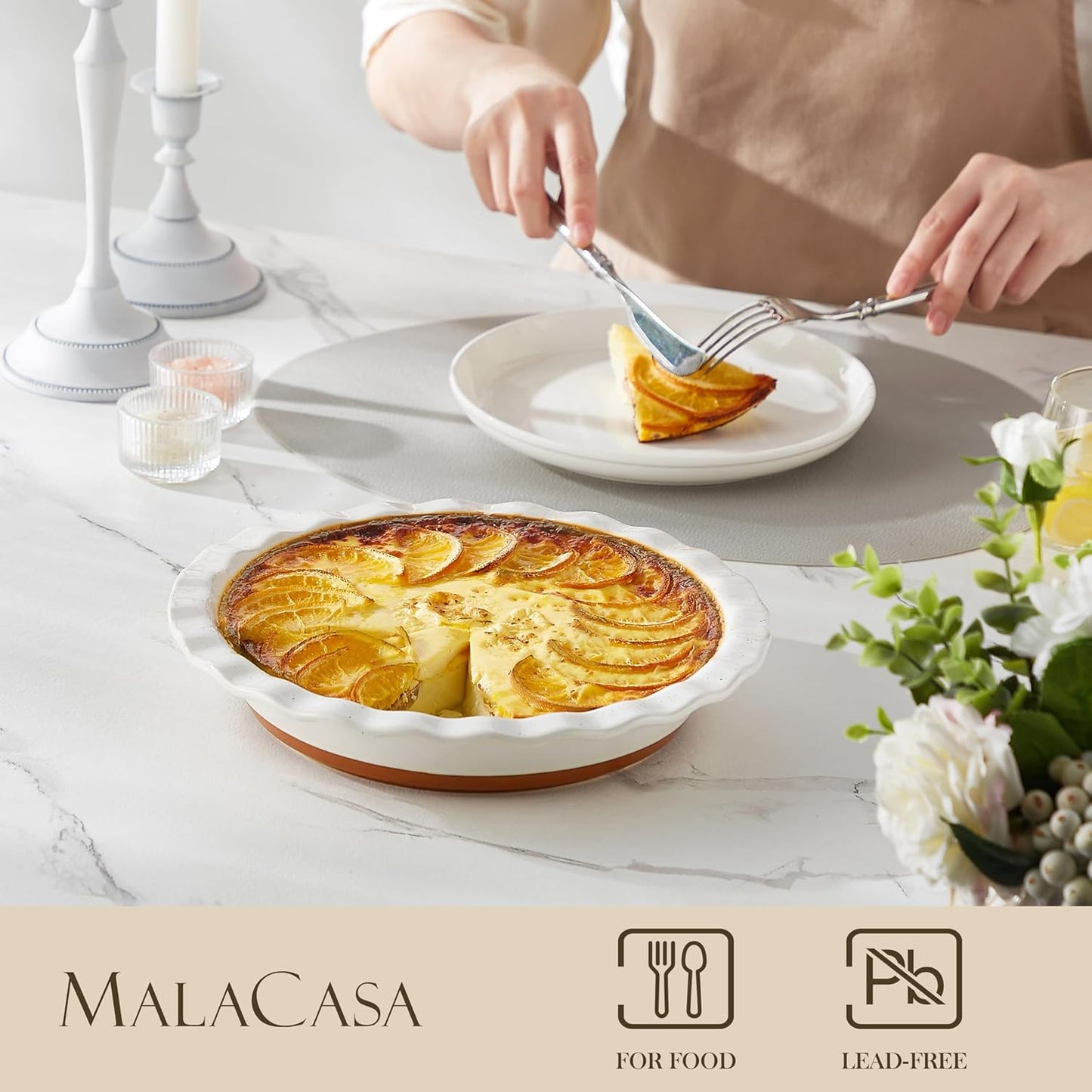 MALACASA Ceramic Pie Pan for Baking - 9 Inch Quiche Baking Dish Nonstick Pie Plate, Deep Dish Scratch-Resistant Pie Pan for Apple Pie Pot Pie, Series TARA