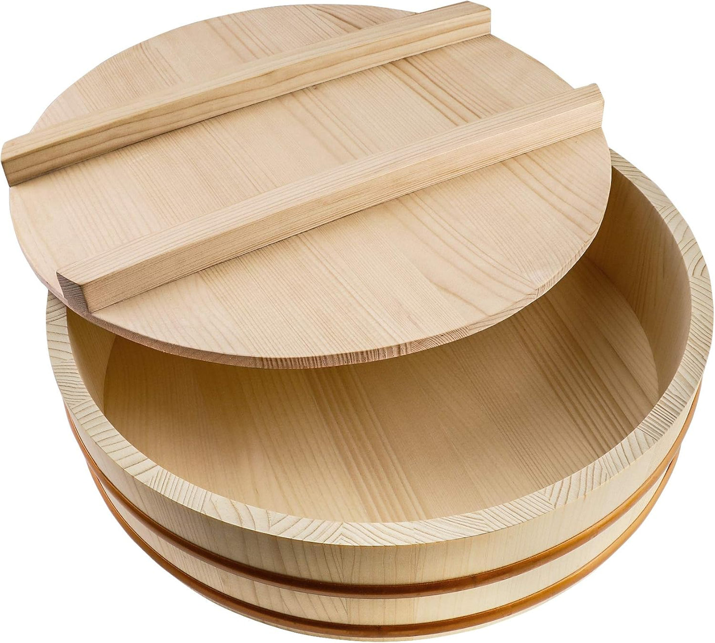 Kichgather Wooden Sushi Rice Bowl with Lid Hangiri Sushi Oke Sushi Rice Mixing Tub (14.2 ” with lid)