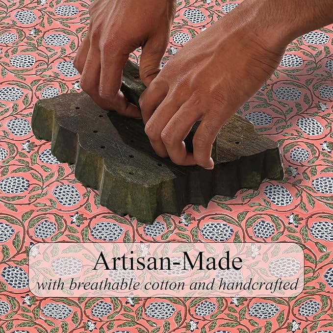 Ridhi Dark Salmon Pink 80 x 120 Inches Rectangular Cotton Washable Tablecloth, Hand Block Print Floral, for Kitchen, Dining, Spring, Easter, Wedding, Birthday, Bridal