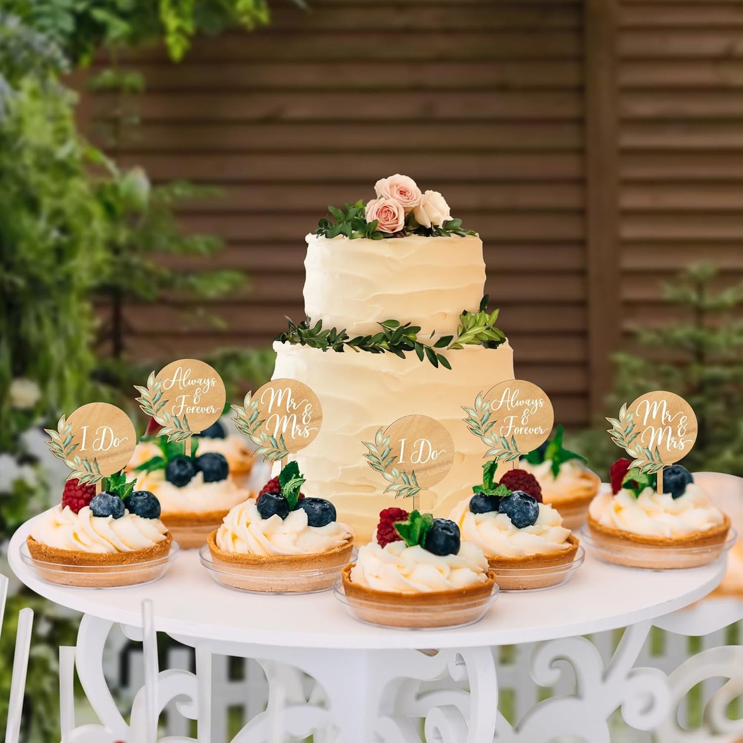 36 PCS Greeny Wedding Cupcake Toppers in Wood Mr & Mrs Engagement Cupcake Decorations