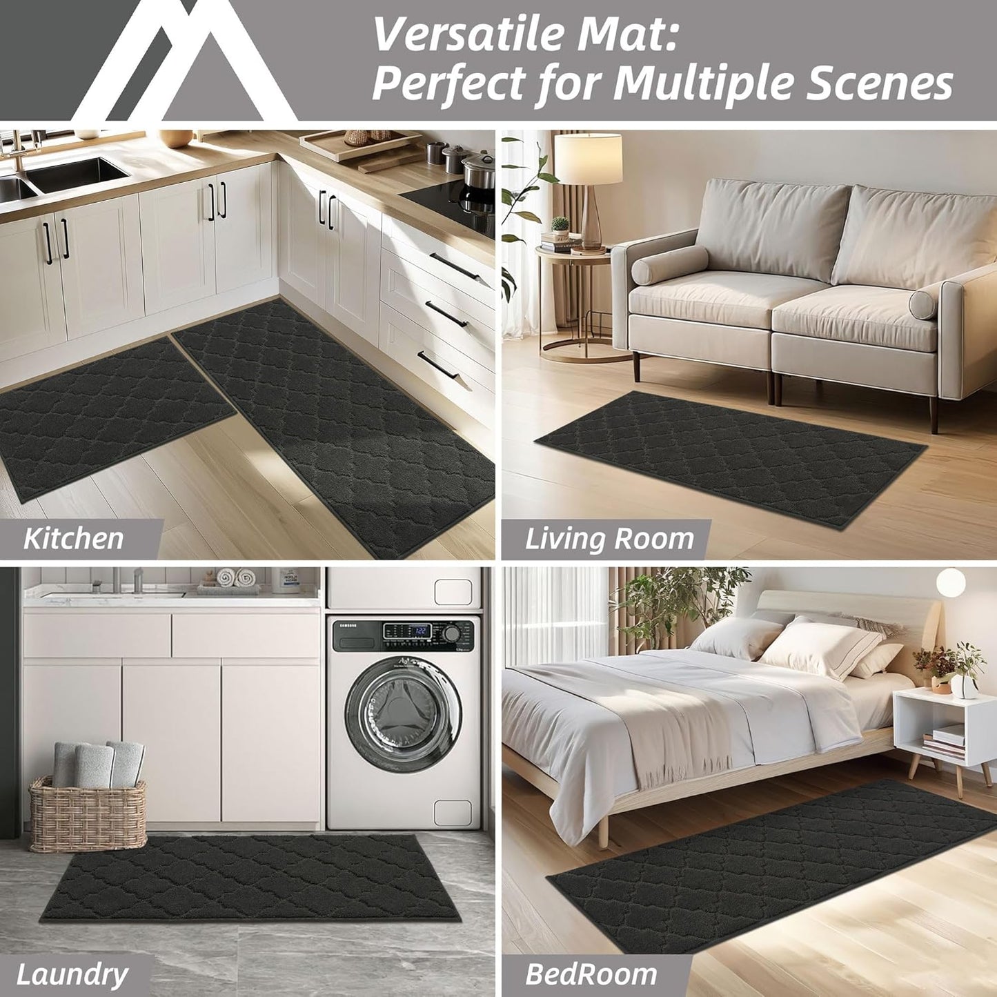 COSY HOMEER Soft Kitchen Rugs and Floor Mats for in Front of Sink Super Absorbent 20"x59" Non-Skid Standing Washable,Polyester,Black