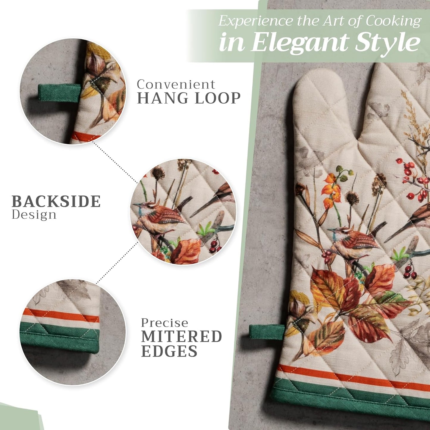 Maison d' Hermine Oven Gloves 100% Cotton Oven Mitt 7" x 13" with Loop Heat Resistant, BBQ, Cooking Gloves, Baking, Grilling, Kitchen, Handling Hot Pans (Pack of 1, Recolte)