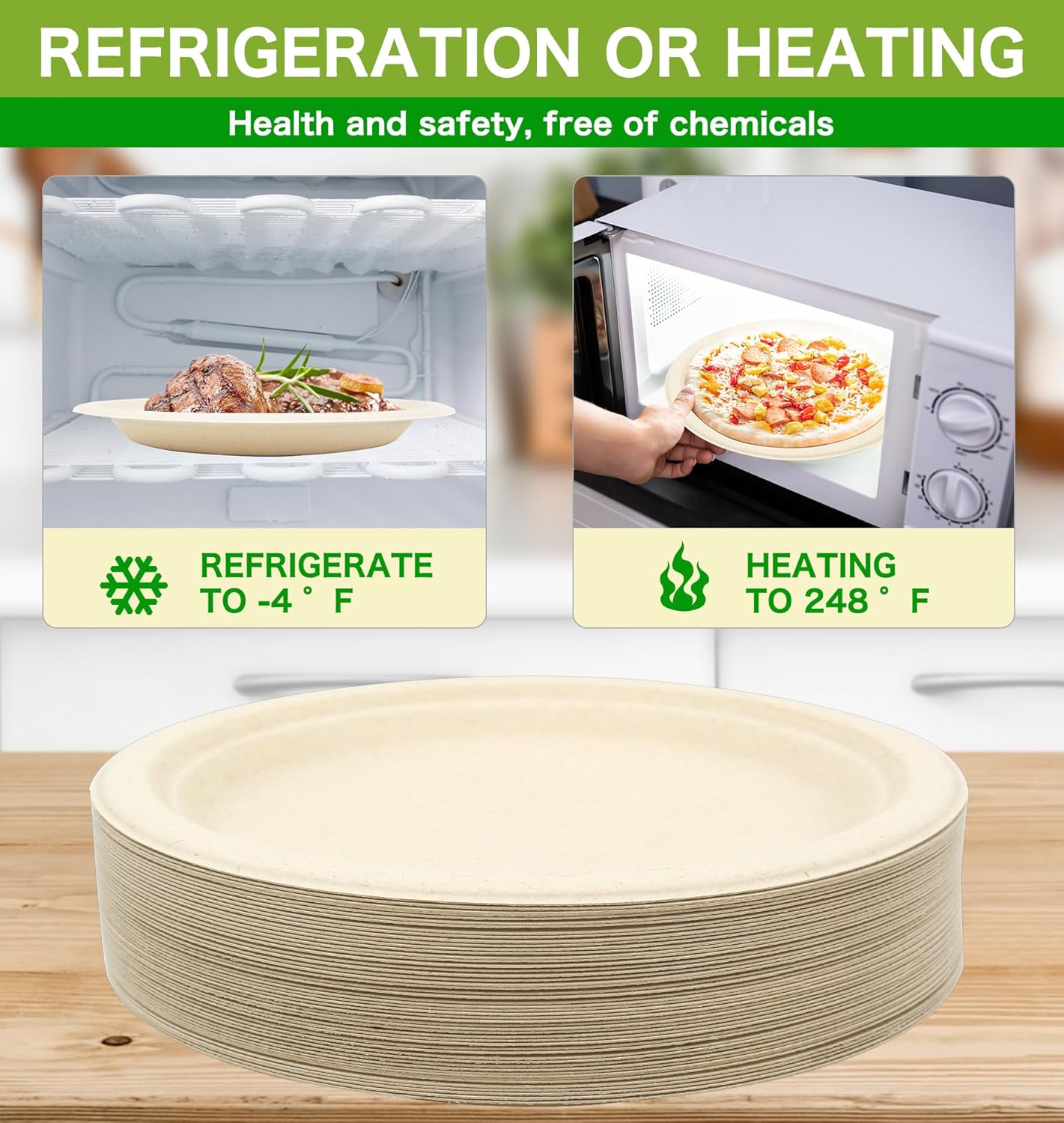 BLUE TOP Compostable Disposable Paper Plates, Heavy Duty Waterproof - 50 Pack 10 inch Eco-Friendly Biodegradable Sugarcane Bagasse Dinner Plates