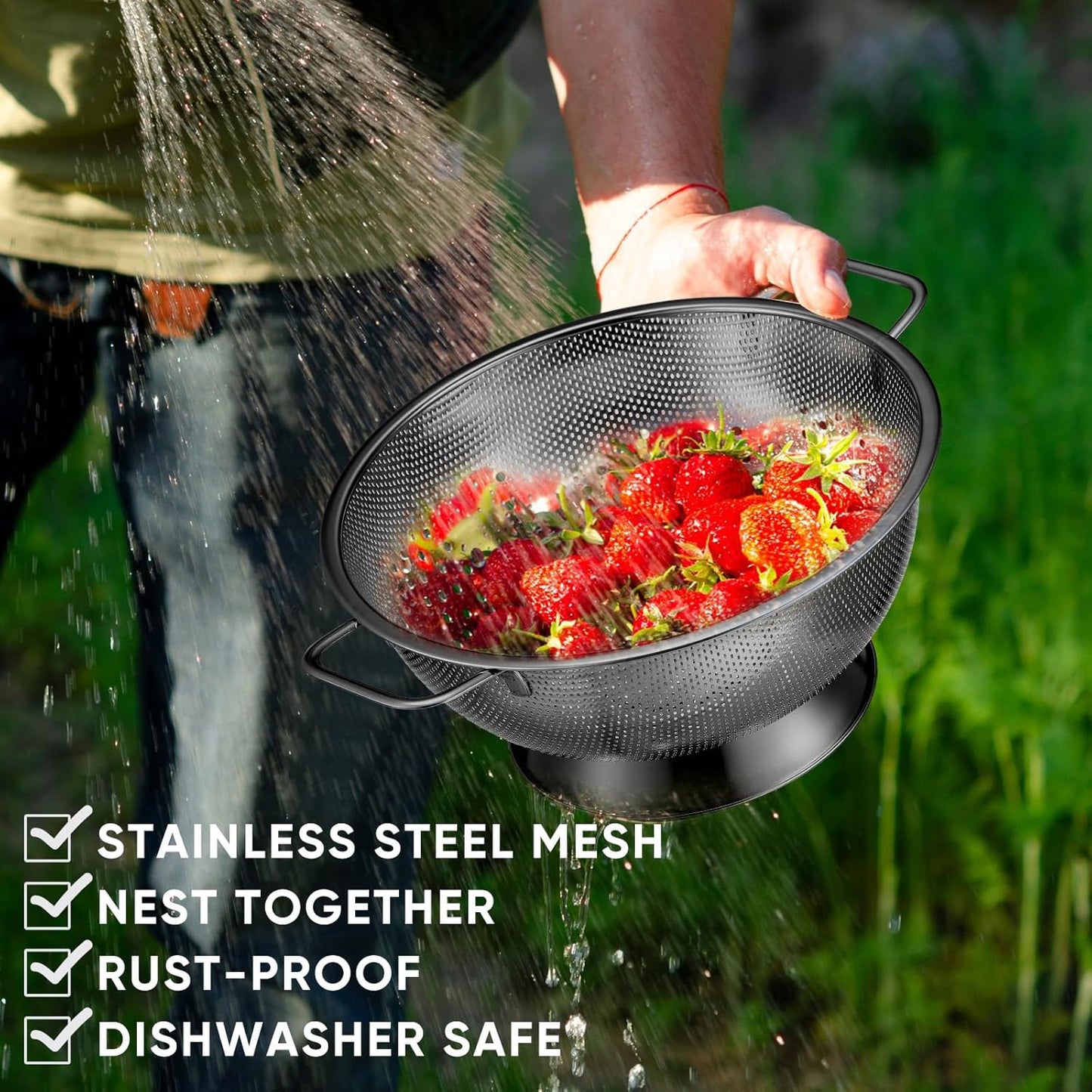 Bokon 3 Pcs Stainless Steel Colander Set Colander Bowl and Sieves 1/3/5 Quart Metal Mesh Strainer Net Basket with Handles Food Spaghetti Strainer for Kitchen Draining Pasta Rinsing(Black)