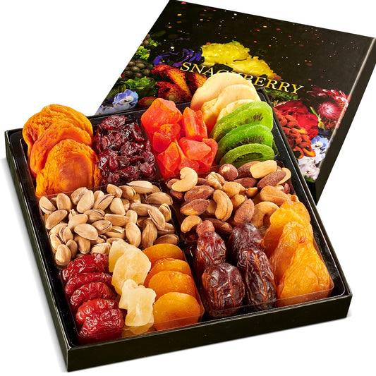 Dried Fruit & Nuts Gift Basket Arrangement Platter, Gourmet Food Snack Box, Gift Basket, Birthday Care Package, Healthy Kosher - Her Him - 12 Snackberry Assortment (Single)