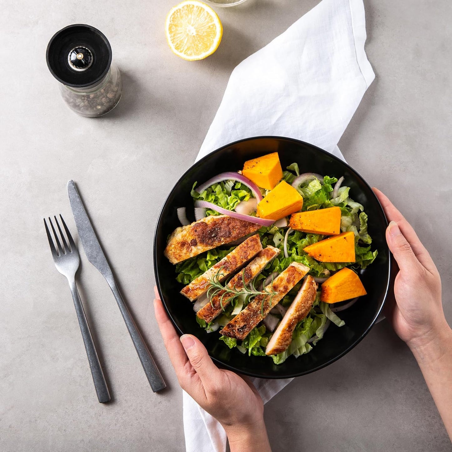 AmorArc 9.75'' Large Ceramic Pasta Bowls, 38oz Stoneware Wide Serving Bowls Set of 6 for Kitchen, Oven, Microwave&Dishwasher Safe Bowls with Wavy Rim for Fruit Pasta Salad Meal, Matte Black