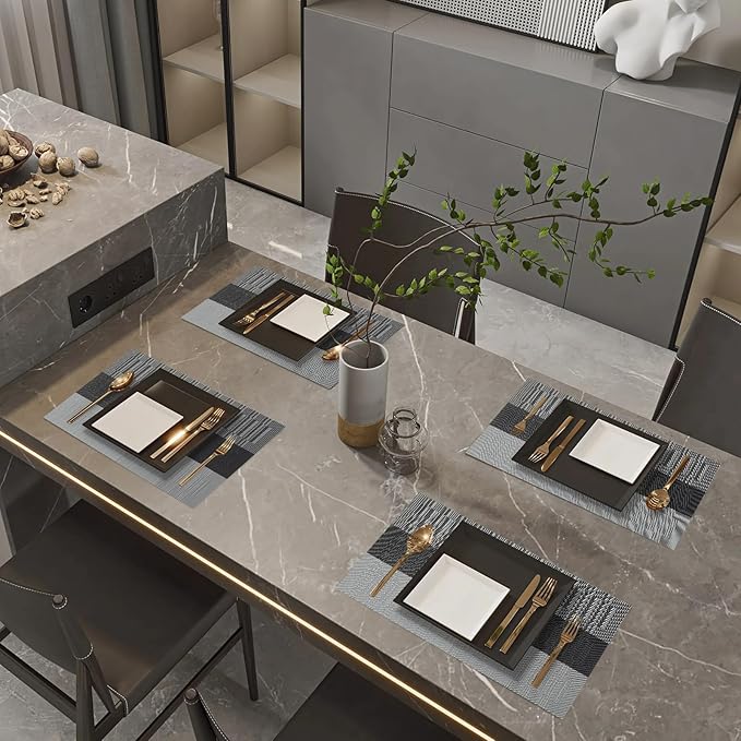 Dark Gray Placemats Set of 8-Durable PVC Vinyl Woven Washable Place Mats for Dining Table Heat Resistant Non-Slip Indoor/Outdoor Table Mats 12 x 17 inch