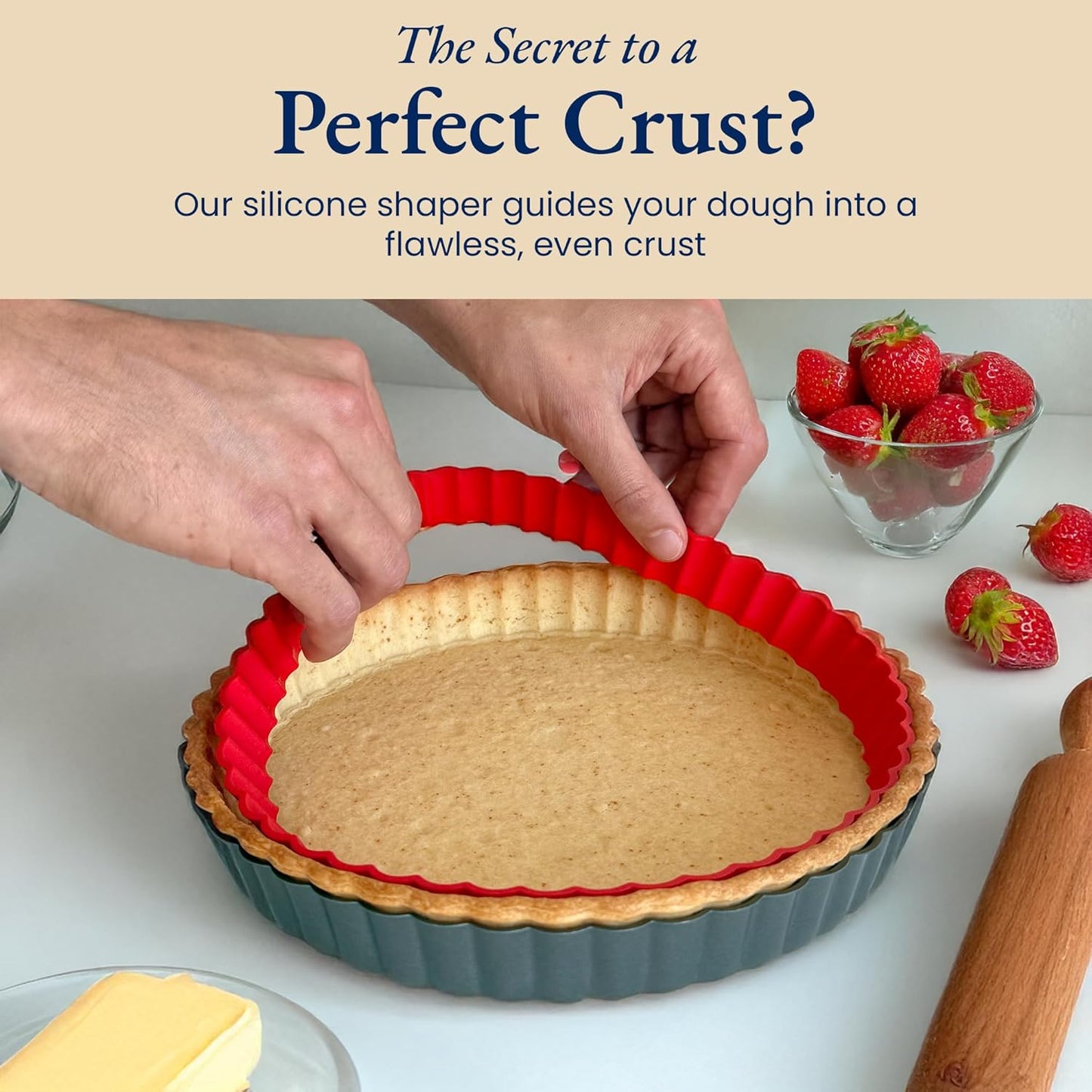 Patz&Patz Classic Tart Pan 9 Inch Removable Bottom with Patented Silicone Crust Shaper | Nonstick Carbon Steel Quiche Baking Dish, Fruit Tart Molds for Baking, Quiche Pan & Pie Mold - PFOA & PTFE-Free