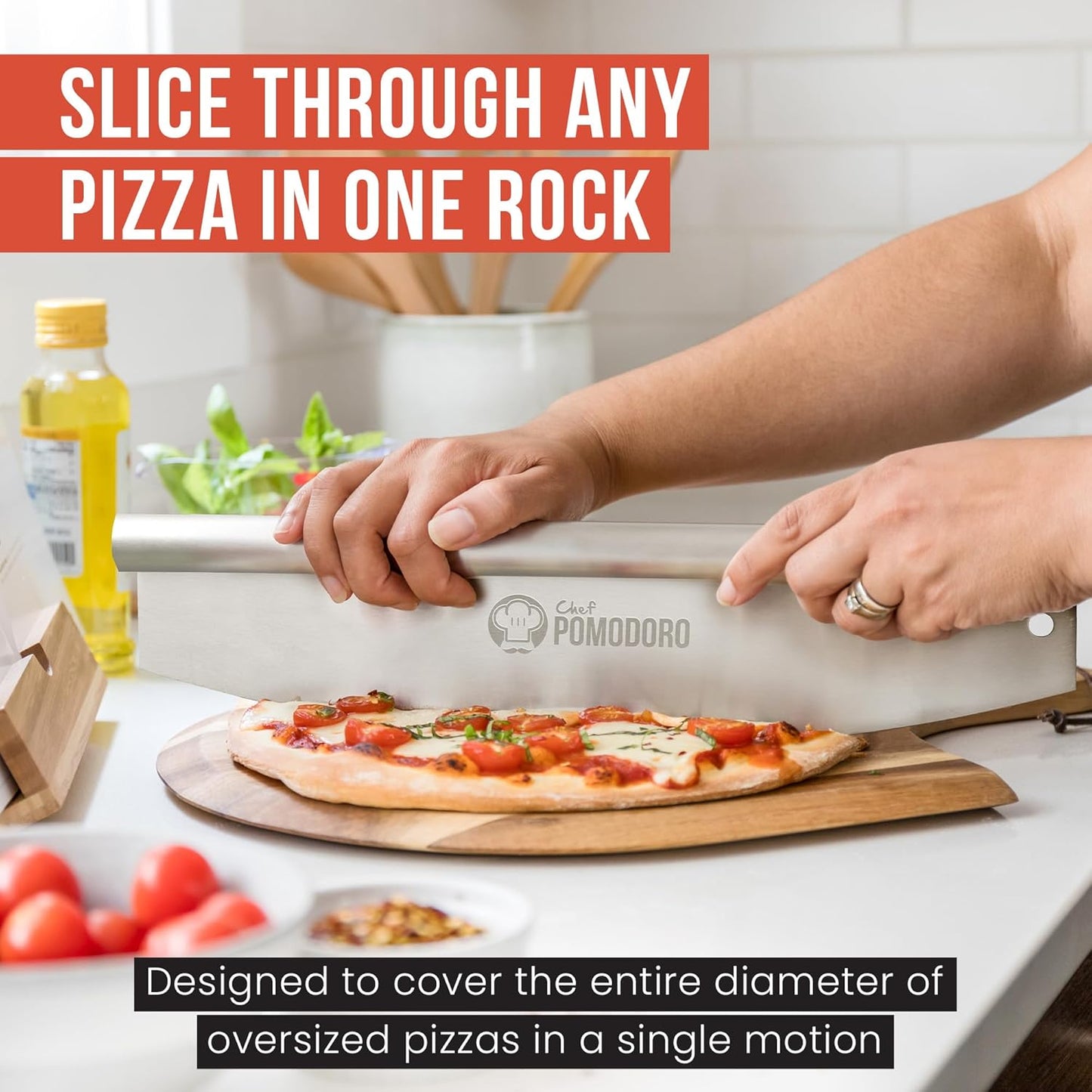 Chef Pomodoro 16 Inch Pizza Cutter Rocker Blade – Stainless Steel Rocking Pizza Cutter Knife with Cover – Professional Pizza Slicer – Large Pizza Rocker Knife for Big Pizzas and Flatbreads