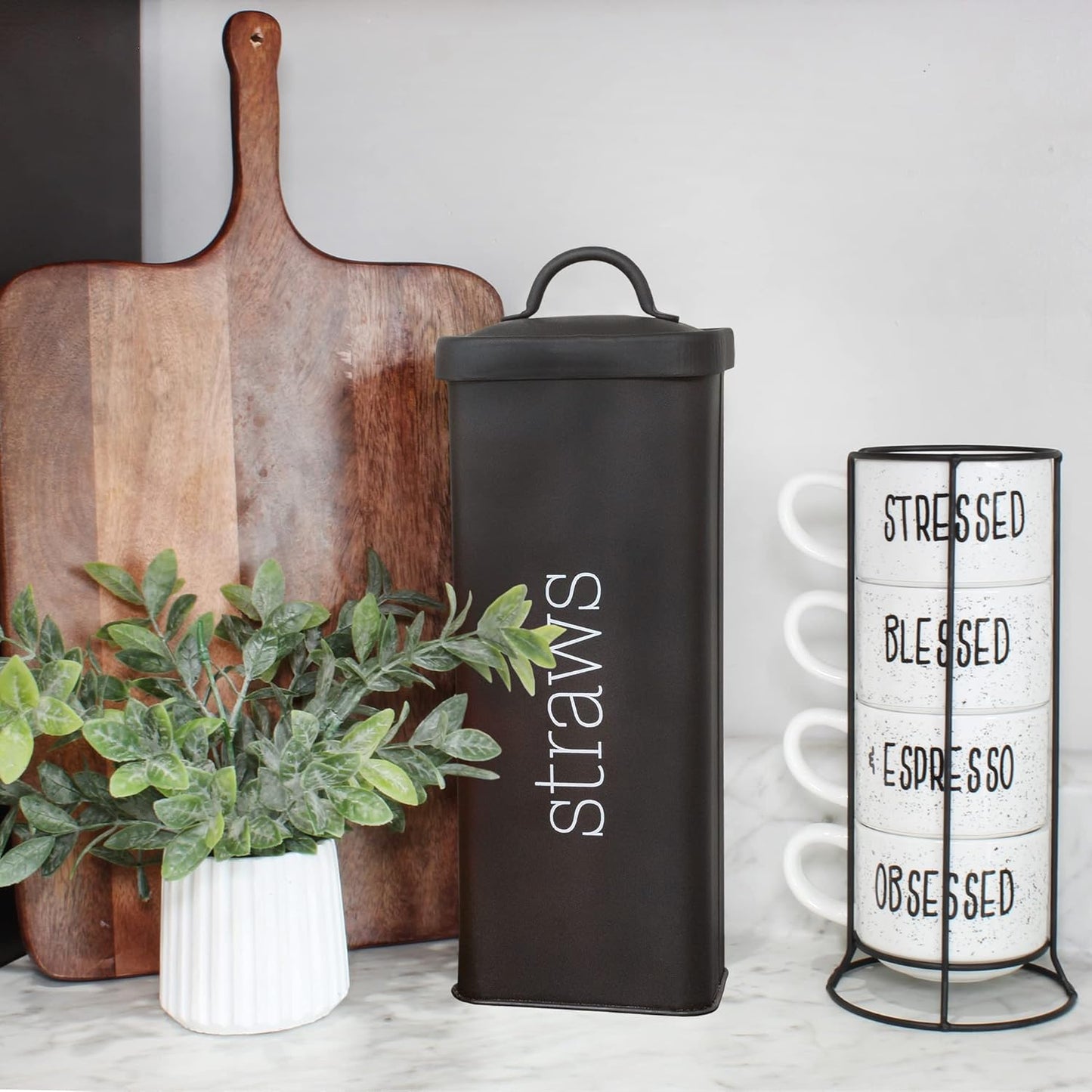 AuldHome Design Farmhouse Enamelware Straw Holder (Black); Retro Metal Straw Storage Canister