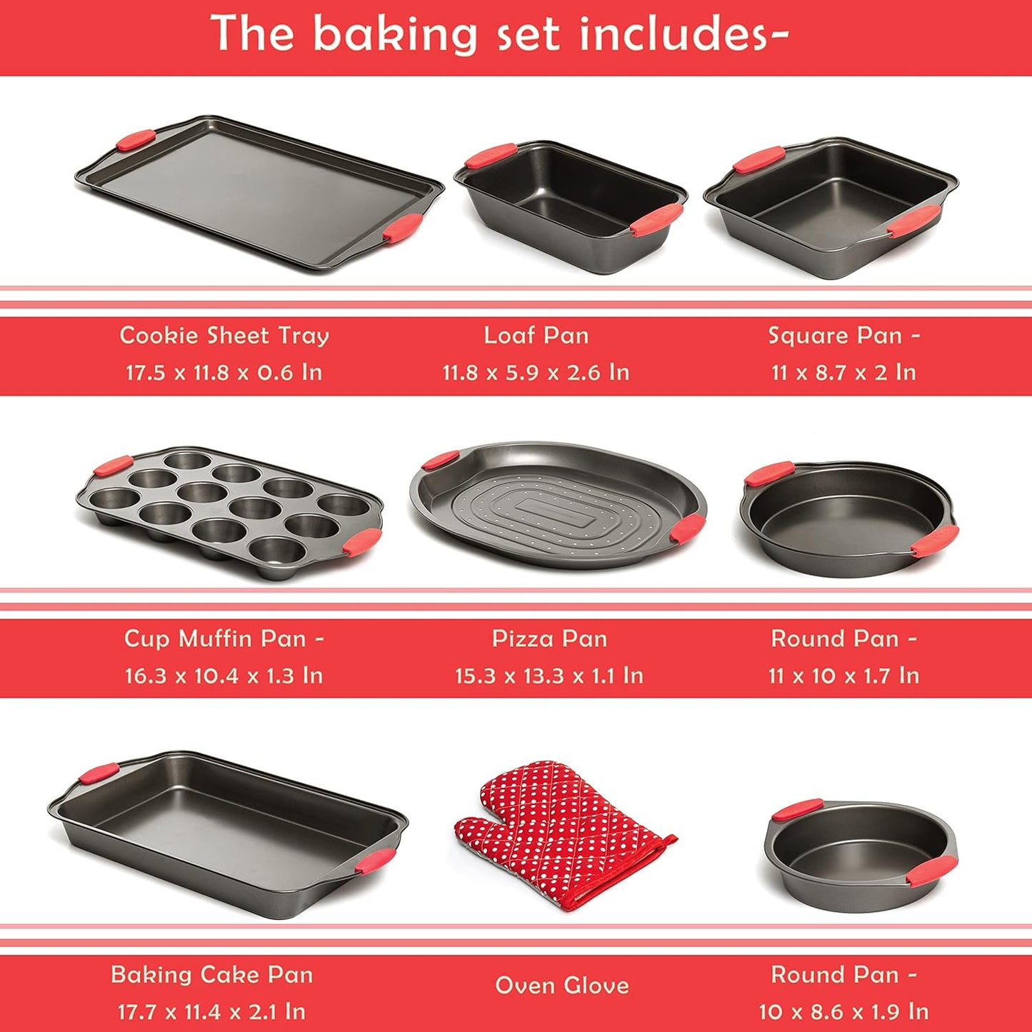 Moss & Stone 9 Piece Baking Pans Set Non Stick, Oven Safe Baking Sheet Set Carbon Steel Non-Stick PTFE Coating, Bakeware Set With Heat Red Silicone Handles, Black Baking Trays For Oven