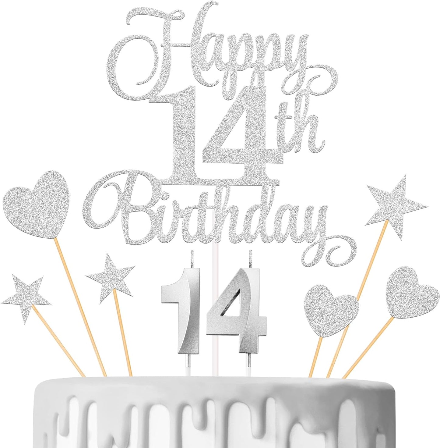 14th Birthday Cake Decorations, 14th Birthday Candles Cake Numeral Candles and Glitter Happy 14th Birthday Cake Toppers Set for Birthday Party Supplies (Silver)