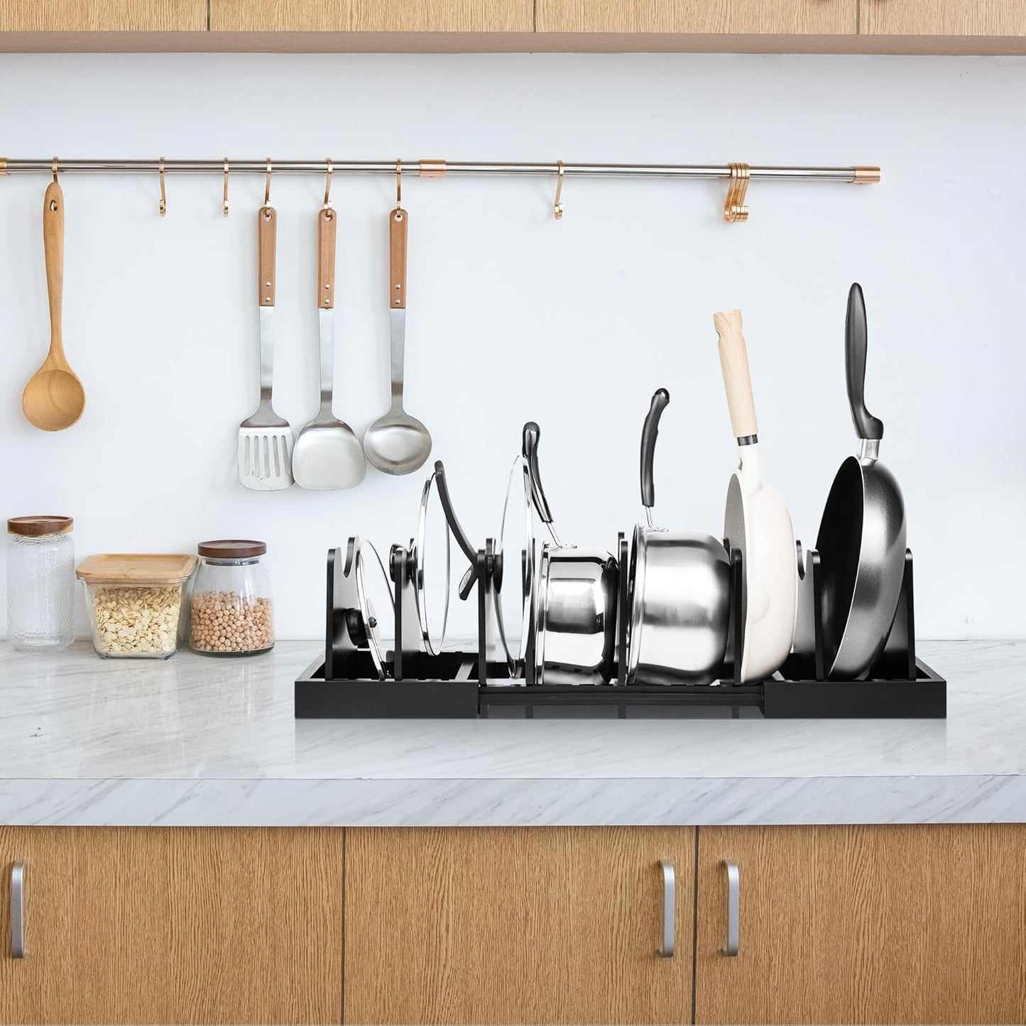 MinBoo Bamboo Expandable Pot Lid Organizer Pot Lid Holder, Pot and Pan Organizer Drawer Organizer for Pot Lids, Adjustable Dividers for Kitchen Cabinet Organizers and Storage,Black,Large