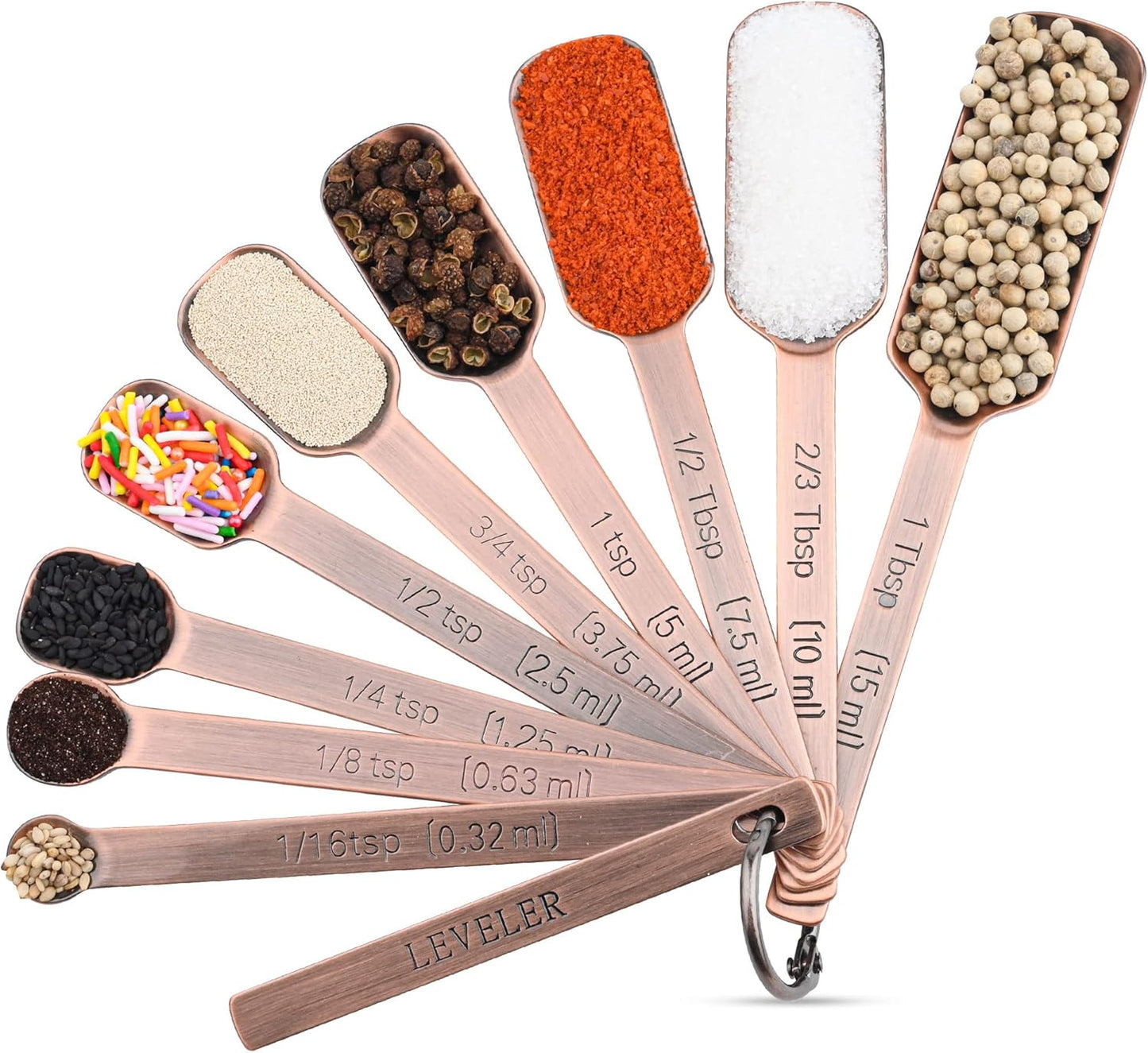 Copper Measuring Spoons Set, 10-Piece Stainless Steel Measuring Spoons Set with Leveler, Metric&US Metal Measuring Spoon -1/16, 1/8, 1/4, 1/3, 1/2, 3/4 Tsp, 2/3 Tbsp Long Spoons for Spice Jar