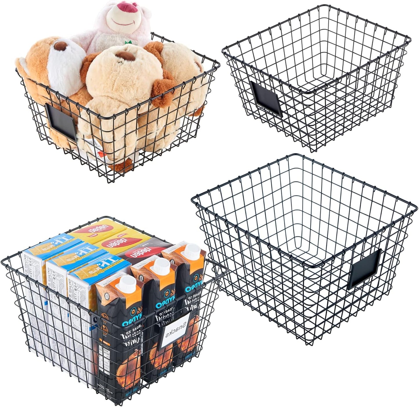 4 Pack【Extra-Large 2+2】 Wire Handmade Storage Basket for Organizing Household Goods,Pantry Organization,Bathroom countertop,Laundry,Wardrobe Storage Basket,Black