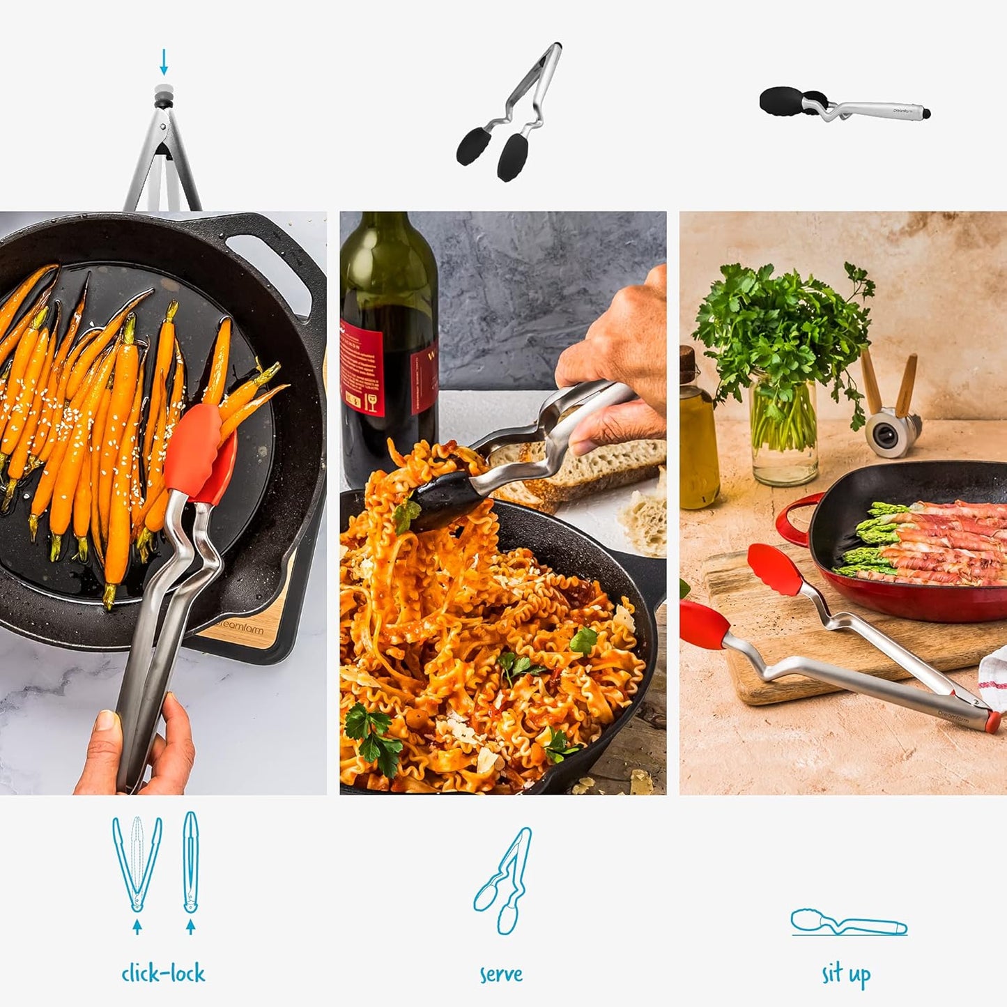 Dreamfarm Clongs Grippy Silicone & Stainless Steel Kitchen Cooking Tongs with Click-Lock Open & Close - 9" Black