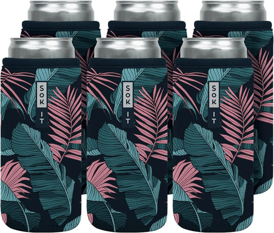 Sok It CanSok 6 Pack Sleeve for Beer & Soda Insulated Neoprene Cover (Midnight Tropics, 12oz Slim Can Sleeve - 6 Pack)