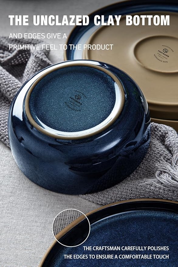 Famiware Nature Plates and Bowls Sets, 12 Pieces Stoneware Dinnerware Sets, Dishes Set for 4, Dishware Sets, Microwave and Dishwasher Safe, Midnight Blue