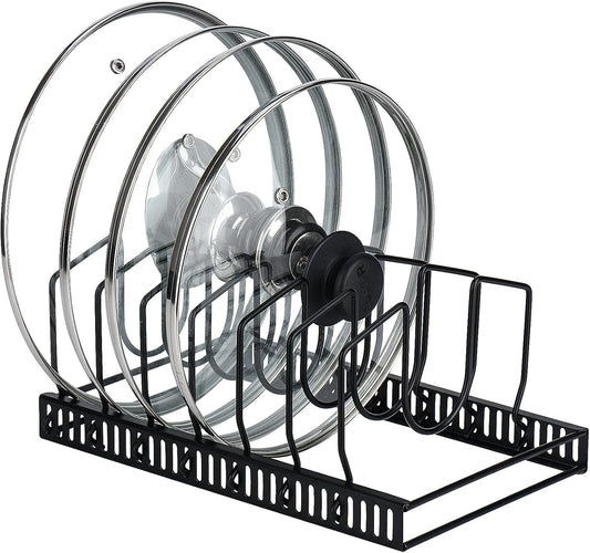 Toplife Pot Lids Organizer Rack for Cabinet and Countertop, 7+ Pan Lids and Bakeware Organizer Rack Holder with 7 Adjustable Compartments - Black