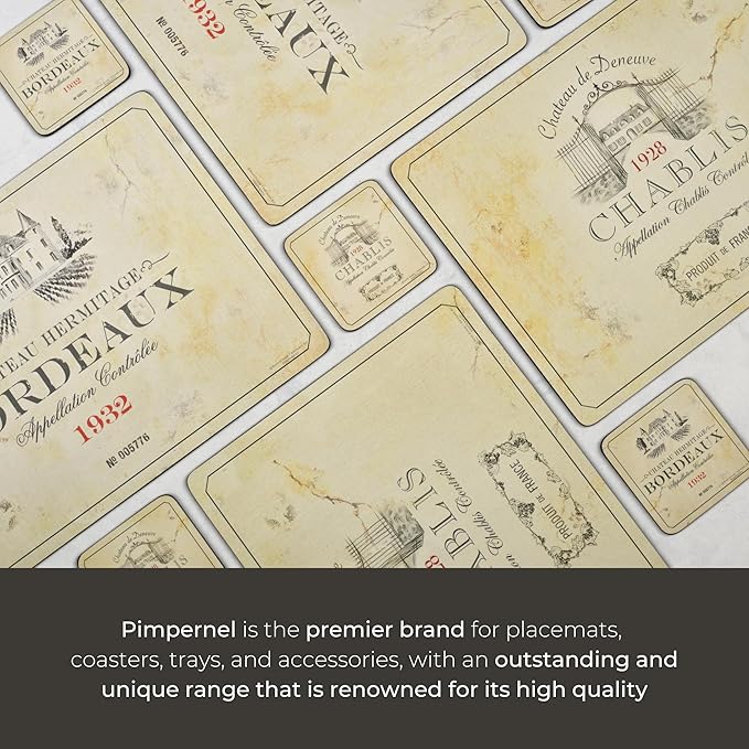 Pimpernel Vin de France Coasters, Set of 6 – 4" Cork-Backed Boards Featuring Classic Wine Label Artwork, Heat & Stain Resistant Lacquered Finish Drink Mats for Dining, Bar & Kitchen Decor