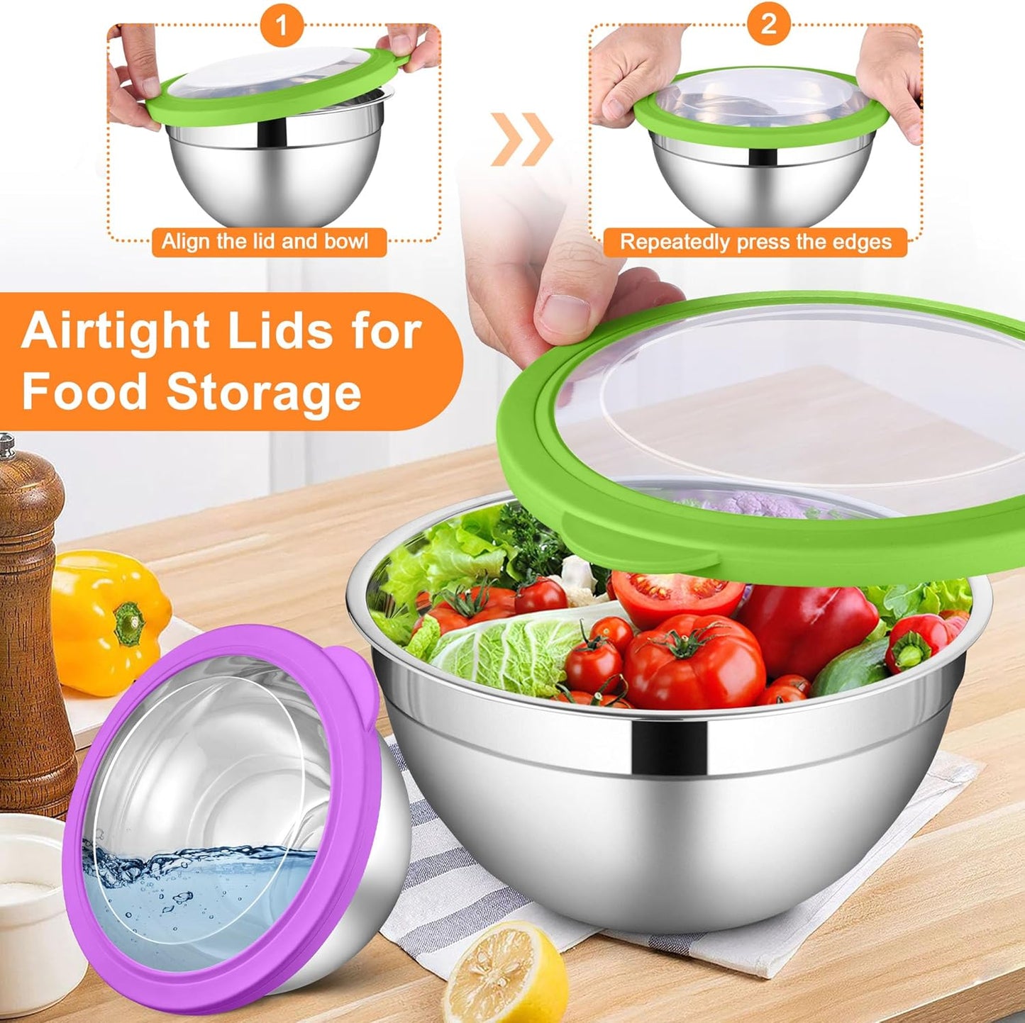 LIANYU Mixing Bowls with Visible Lid Sets of 6, Stainless Steel Metal Salad Nesting Bowls, Large & Small 7, 3.5, 2.5, 2, 1.5, 1QT Size For Kitchen, Baking, Storage, Food Prepping, Serving, Multi-Color