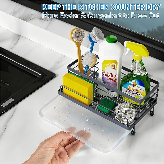 Cisily Gray Sponge Holder for Kitchen, Sink Caddy Sink Organizer Rack for Kitchen Accessories with Drip Tray, Rustproof and Non-slip, Soap Dispenser Countertop Organizer Essentials for New Home