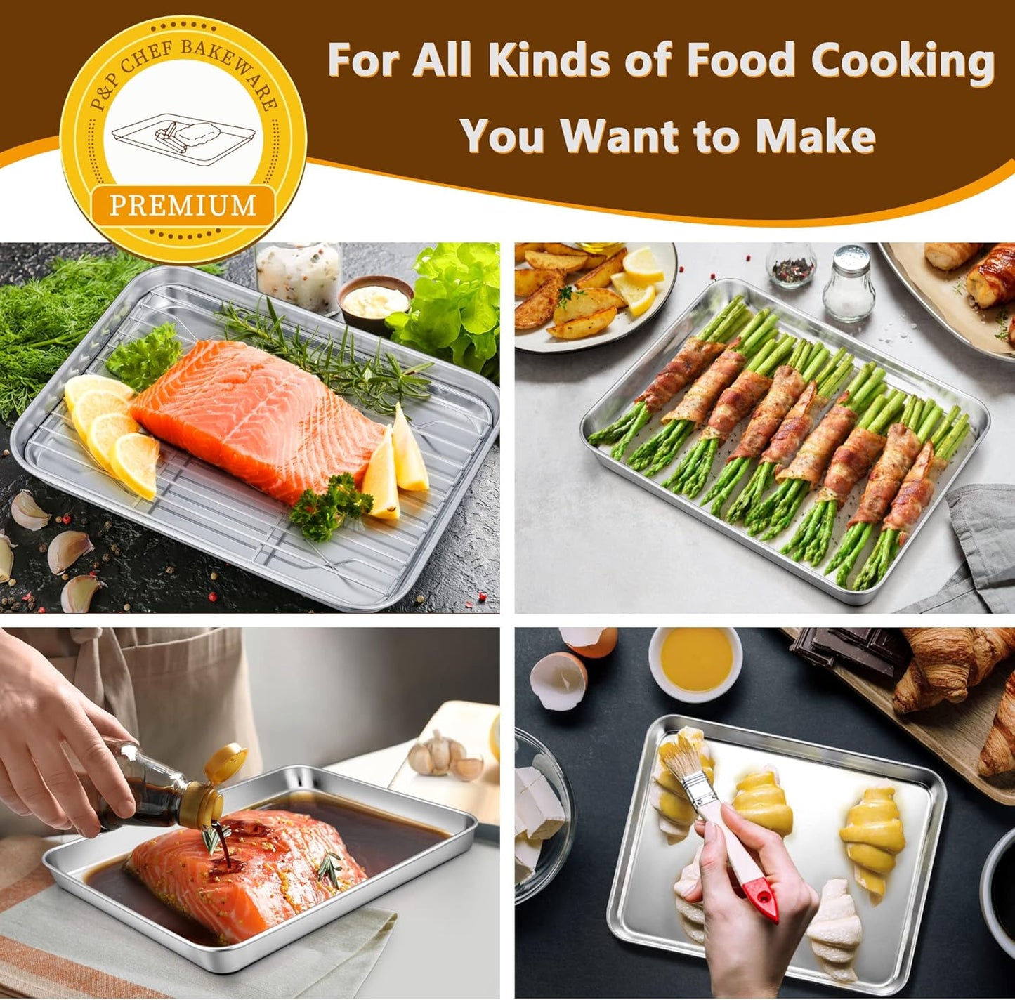 P&P CHEF 9 Inch Baking Sheet Pan with Rack Set, Stainless Steel Cookie Sheet Pan Tray with Cooling Rack for Oven Use, Cooking Roasting, Non Toxic & Dishwasher Safe, Heavy Duty