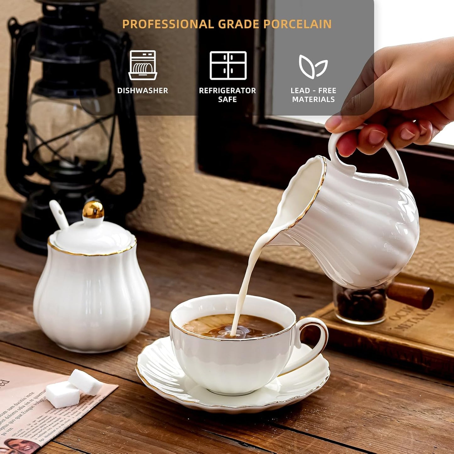 Ceramic Sugar and Creamer Set, 3 Piece with Cream Pitcher, Sugar Bowl with Lid and Spoon,Coffee and Tea Serving Set (White with gold line)