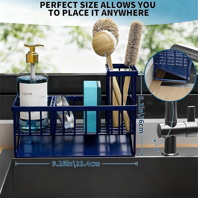 Cisily Navy Blue Sink Caddy Organzier with High Brush Holder, Sponge Holder for Sink, 304 Rustproof Stainless, Kitchen Countertop Soap Dispenser Organizer, Gray Blue Kitchen Decor and Accessories
