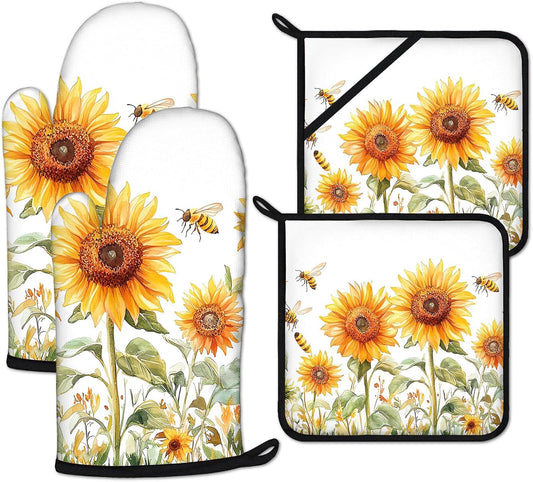 Watercolor Sunflower Oven Mitts and Pot Holders Sets Heat Resistant 4Pcs Busy Bee Potholders Oven Gloves Hot Pads for Kitchen Baking Cooking Grilling BBQ