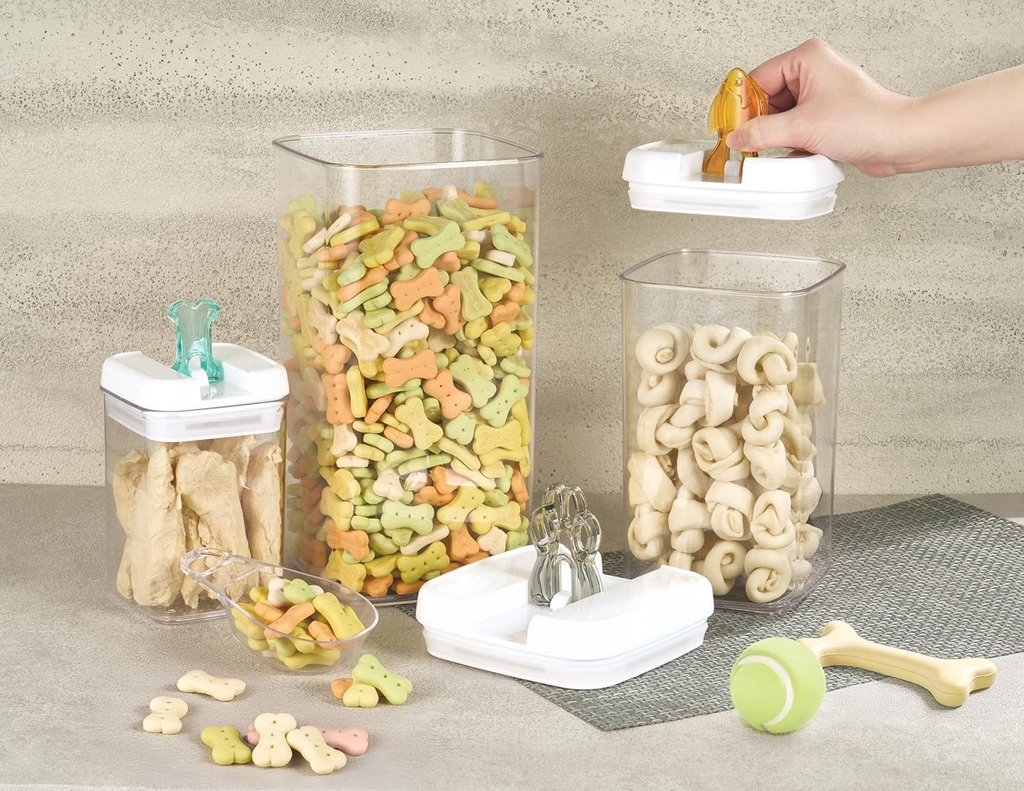 Felli Flip Tite Pet Food Container with Airtight Lids, BPA FREE Acrylic Canister with Paw Bone Fish Flip Top Handles for Cat Dog Kibble Treats Storage, Keep Fresh (Pet Collection Nest-L3pk)