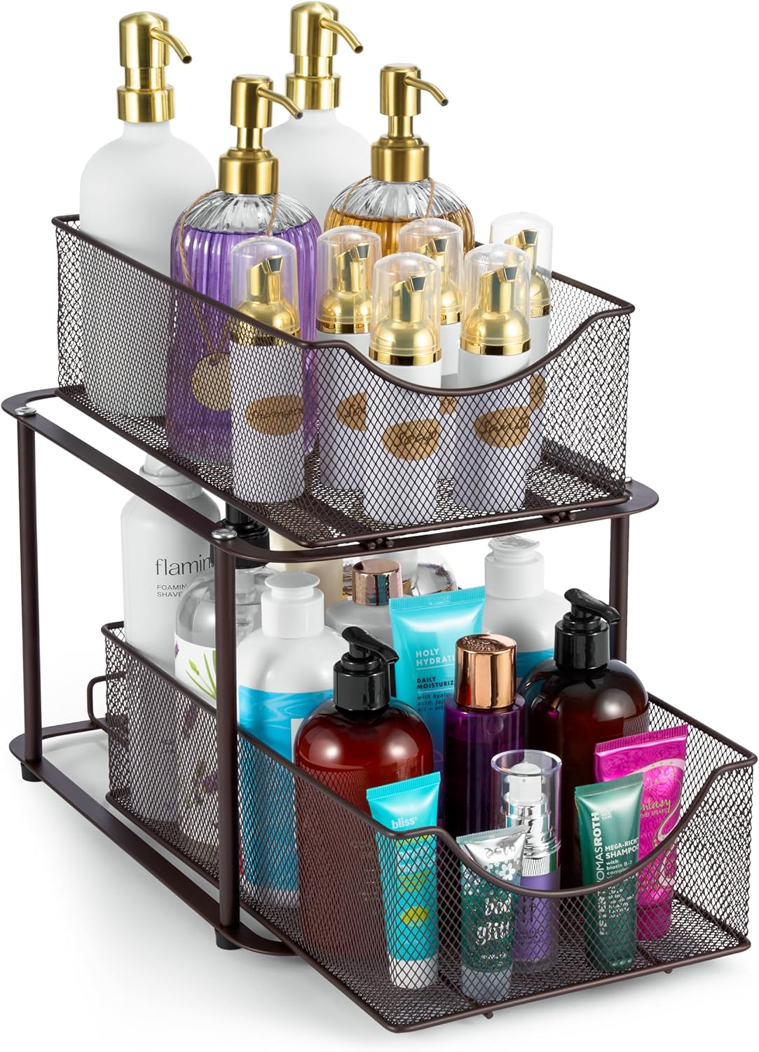 Sorbus 2 Tier Metal Under Sink Organizer for Bathroom, Kitchen, Strong Steel Mesh Sliding Drawers for Under Sink, Under Cabinet, Closet, Kitchen, Pantry, Bathroom Organizers and Storage (Brown)
