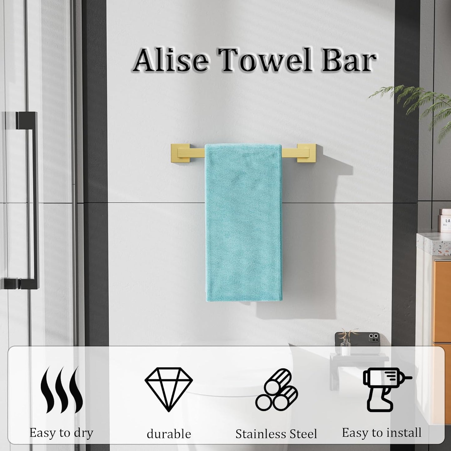 Alise Gold Towel Bars,15.75 Inch Towel Holder Towel Racks for Bathroom and Lavatory,SUS304 Stainless Steel Hand Towel Hanger Rail Wall Mount,Useable Length 13.98 Inch Towel Bar, GYT040-G