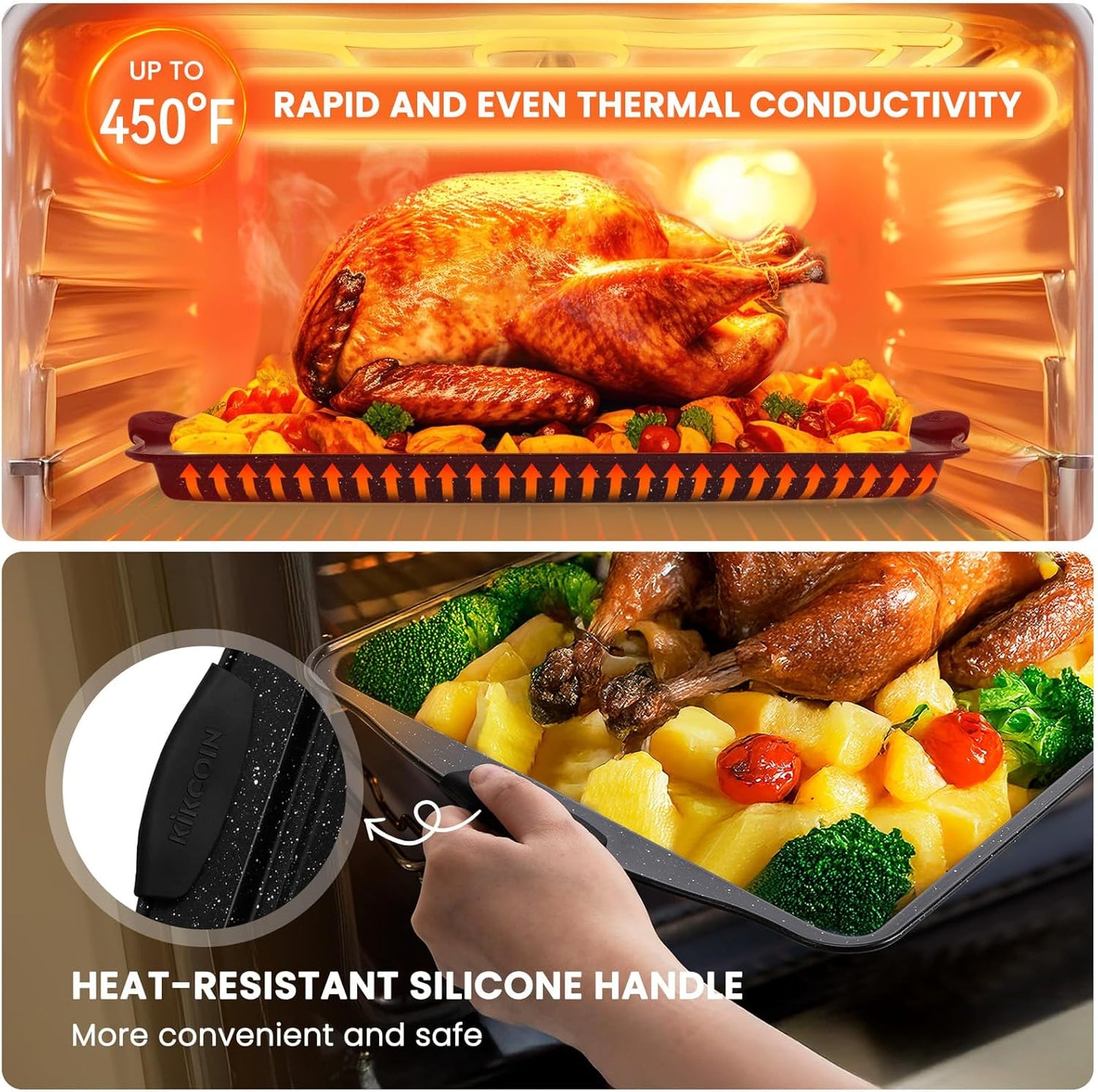 Kikcoin 22 PCS Nonstick Baking Pans Set, Stackable Bakeware Sets with Silicone Handles, 450°F Oven Safe Baking Sheet set, Easy Release Cookie Sheets for Baking, Black