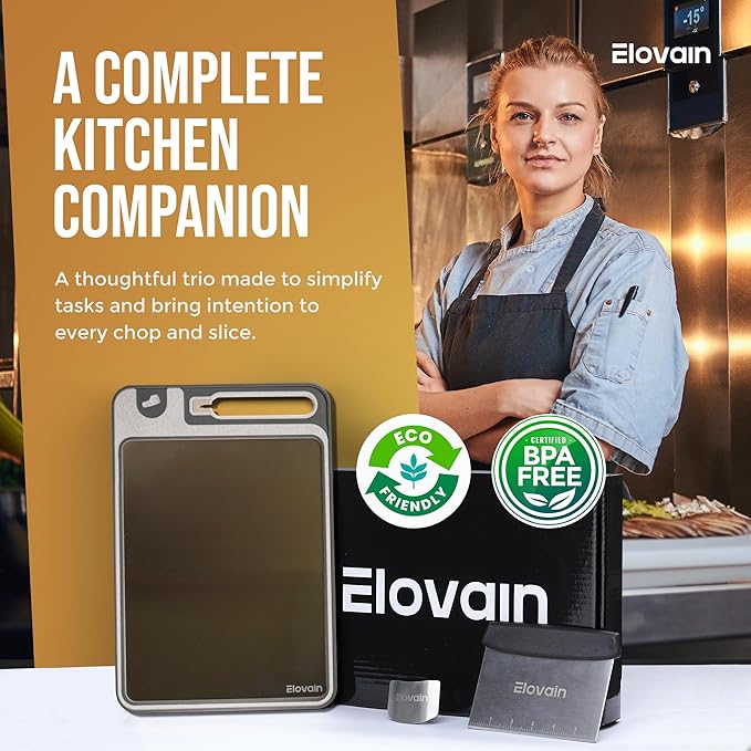 Stainless Steel Cutting Board Set – Double-Sided Hygienic Kitchen Board with Knife Sharpener, Scraper, Finger Guard – Dishwasher Safe, Non-Slip Edges, Multi-Function, Made in USA – 3-Piece Set