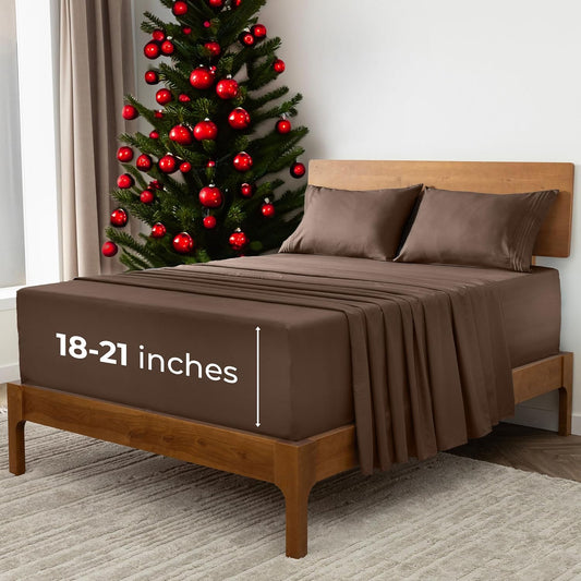 Mellanni Extra Deep Queen Sheets - 4 PC Iconic Collection Bedding - Hotel Luxury, Ultra Soft, Cooling Bed Sheets - Wrinkle, Fade, Stain Resistant (Queen, Brown)