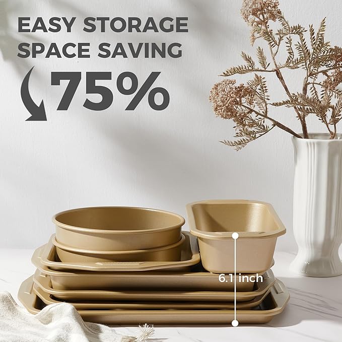 HONGBAKE 9-Piece Baking Pans Set with Wave Texture for Reduced Oil, 0.8mm Thick Bakeware Sets Non Stick, Includes Stackable Cookie Sheets for Oven Cooking, Cake Pan, Muffin Pan, Loaf Pan, Rack, Gold