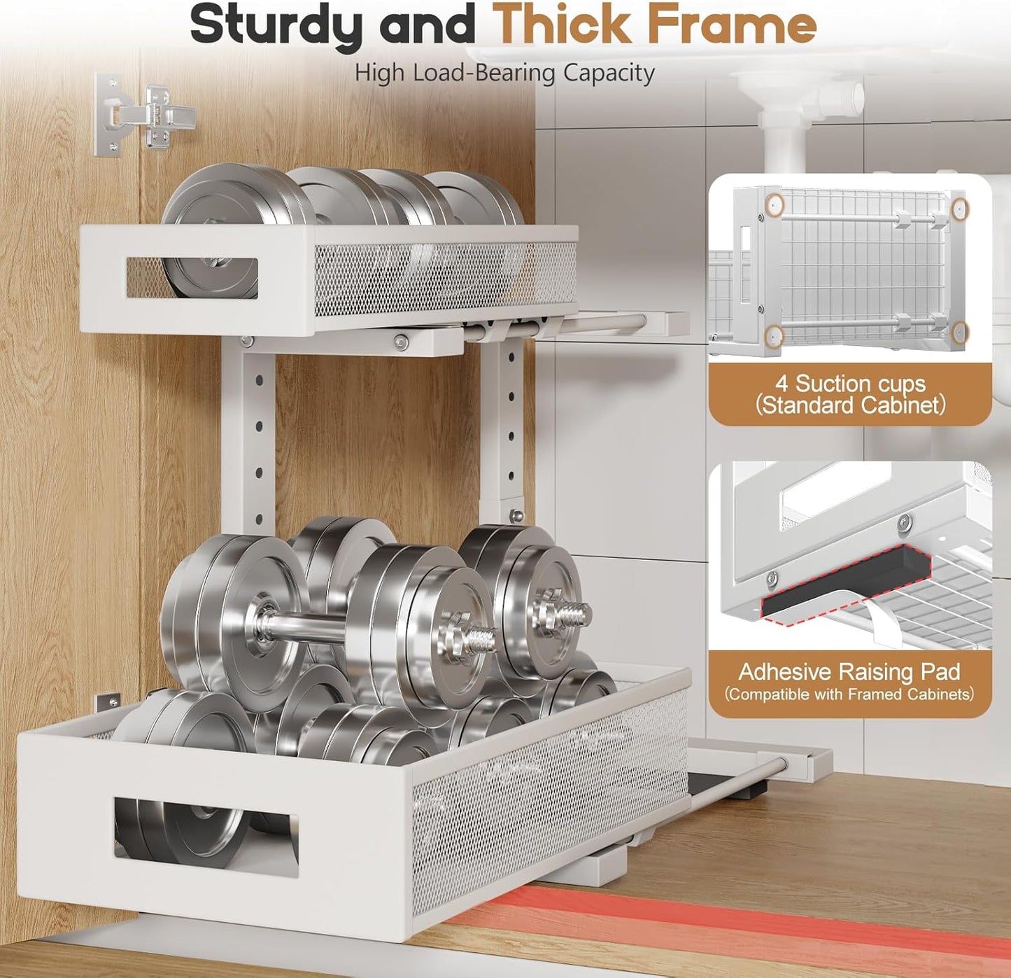 1 Pack-11.4"-16.14"H Under Sink Storage Organizer, Large 2-Tier Elegant Mesh Pull Out Shelf for Kitchen and Bathroom Cabinet Organization, L-Shaped and Adjustable Height Design for Maximum Space-White