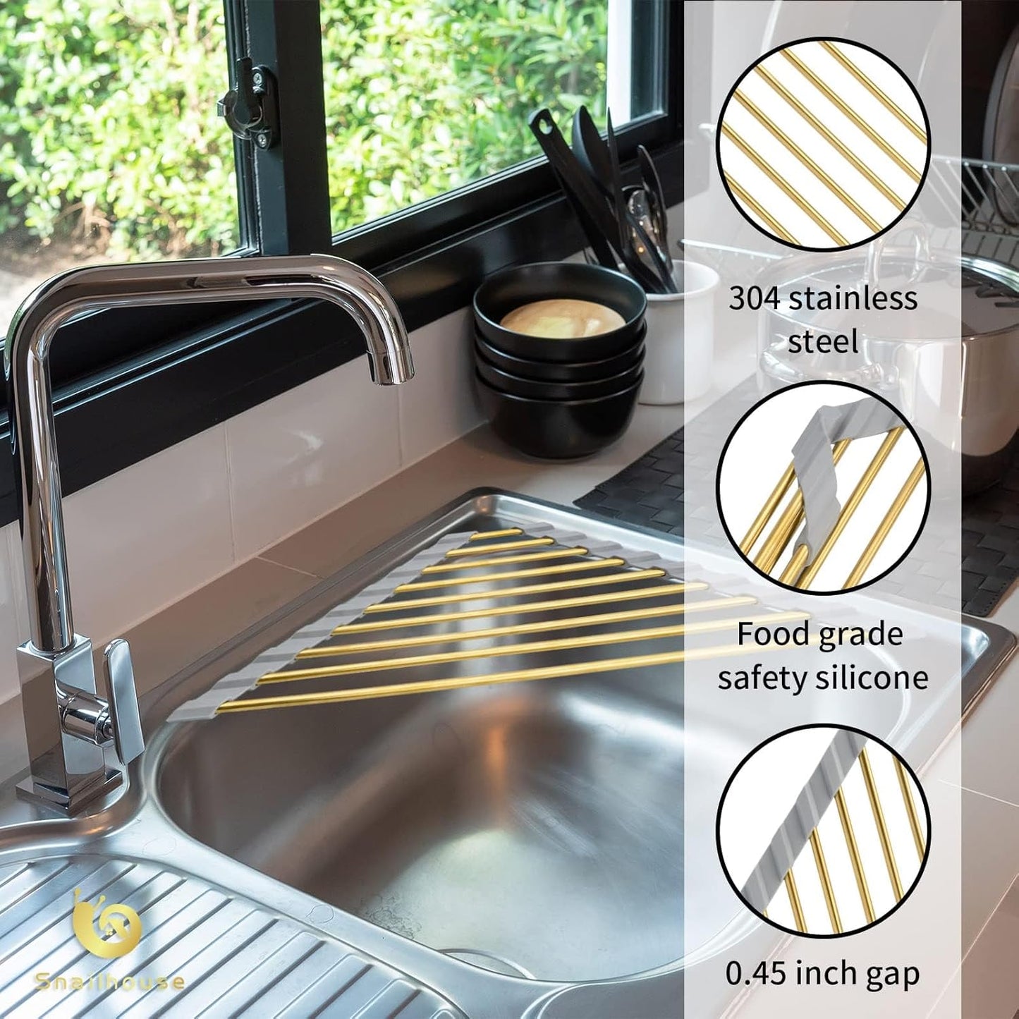 Snailhouse Small Triangle Roll Up Dish Drying Rack, Stainless Steel Kitchen Foldable Sink Caddy Organizer Sponge Holder for Sink Corner, Gold